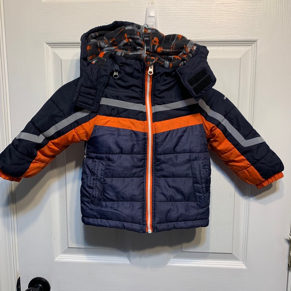 London Fog Puffer Jacket 3T Navy Blue Orange Reflective Hooded Coat Outdoor Warm